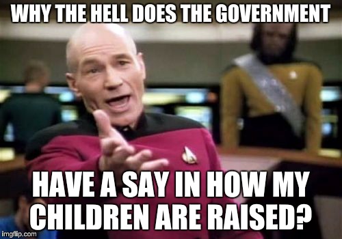 Picard Wtf Meme | WHY THE HELL DOES THE GOVERNMENT HAVE A SAY IN HOW MY CHILDREN ARE RAISED? | image tagged in memes,picard wtf | made w/ Imgflip meme maker