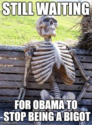 Waiting Skeleton | STILL WAITING; FOR OBAMA TO STOP BEING A BIGOT | image tagged in memes,waiting skeleton | made w/ Imgflip meme maker