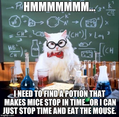 Chemistry Cat Meme | HMMMMMMM... I NEED TO FIND A POTION THAT MAKES MICE STOP IN TIME...OR I CAN JUST STOP TIME AND EAT THE MOUSE. | image tagged in memes,chemistry cat | made w/ Imgflip meme maker