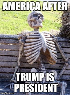 Waiting Skeleton | AMERICA AFTER; TRUMP IS PRESIDENT | image tagged in memes,waiting skeleton | made w/ Imgflip meme maker