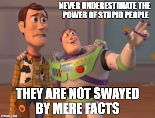 X, X Everywhere | NEVER UNDERESTIMATE THE POWER OF STUPID PEOPLE; THEY ARE NOT SWAYED BY MERE FACTS | image tagged in memes,x x everywhere | made w/ Imgflip meme maker