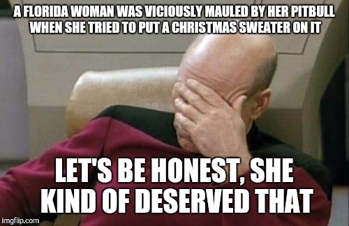 Captain Picard Facepalm | A FLORIDA WOMAN WAS VICIOUSLY MAULED BY HER PITBULL WHEN SHE TRIED TO PUT A CHRISTMAS SWEATER ON IT; LET'S BE HONEST, SHE KIND OF DESERVED THAT | image tagged in memes,captain picard facepalm | made w/ Imgflip meme maker