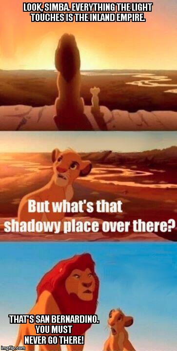 Simba Shadowy Place | LOOK, SIMBA. EVERYTHING THE LIGHT TOUCHES IS THE INLAND EMPIRE. THAT'S SAN BERNARDINO. YOU MUST NEVER GO THERE! | image tagged in memes,simba shadowy place | made w/ Imgflip meme maker