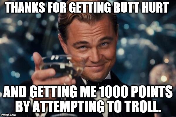 thanks dude! I love laughing at a good joke like you. | THANKS FOR GETTING BUTT HURT; AND GETTING ME 1000 POINTS BY ATTEMPTING TO TROLL. | image tagged in memes,leonardo dicaprio cheers | made w/ Imgflip meme maker