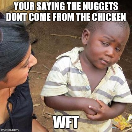 Third World Skeptical Kid Meme | YOUR SAYING THE NUGGETS DONT COME FROM THE CHICKEN; WFT | image tagged in memes,third world skeptical kid | made w/ Imgflip meme maker