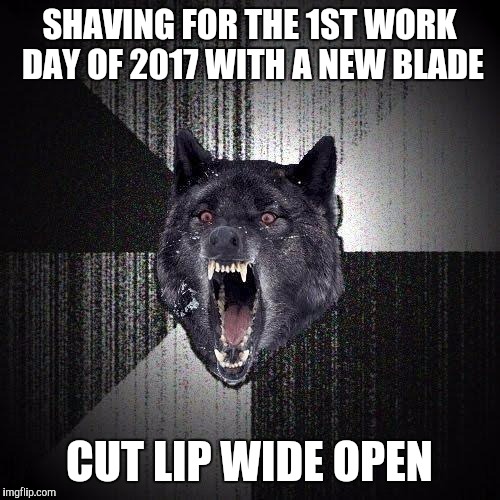 Insanity Wolf | SHAVING FOR THE 1ST WORK DAY OF 2017 WITH A NEW BLADE; CUT LIP WIDE OPEN | image tagged in memes,insanity wolf | made w/ Imgflip meme maker