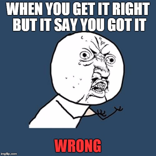 Y U No Meme | WHEN YOU GET IT RIGHT BUT IT SAY YOU GOT IT; WRONG | image tagged in memes,y u no | made w/ Imgflip meme maker