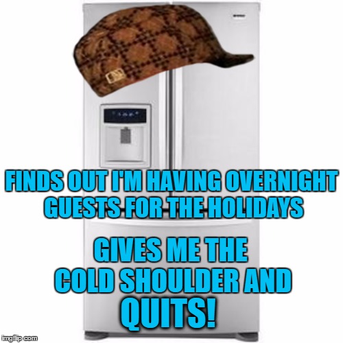 Appliances: Can't Live Without 'Em; Can't Trust 'Em | FINDS OUT I'M HAVING OVERNIGHT GUESTS FOR THE HOLIDAYS; GIVES ME THE COLD SHOULDER AND; QUITS! | image tagged in scumbag refrigerator,memes | made w/ Imgflip meme maker
