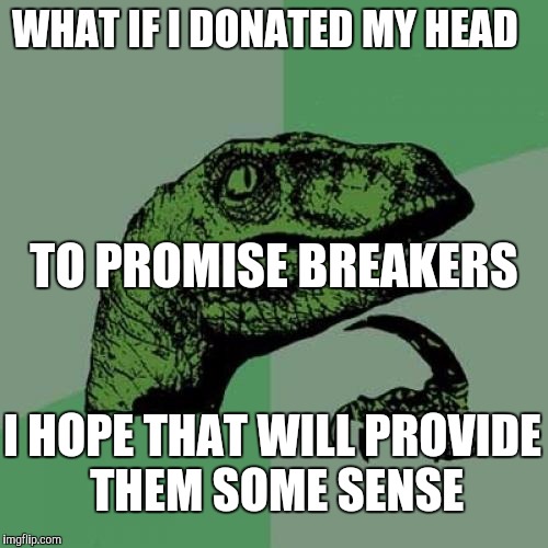 Philosoraptor | WHAT IF I DONATED MY HEAD; TO PROMISE BREAKERS; I HOPE THAT WILL PROVIDE THEM SOME SENSE | image tagged in memes,philosoraptor | made w/ Imgflip meme maker