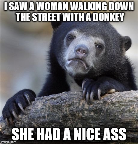 Confession Bear | I SAW A WOMAN WALKING DOWN THE STREET WITH A DONKEY; SHE HAD A NICE ASS | image tagged in memes,confession bear | made w/ Imgflip meme maker