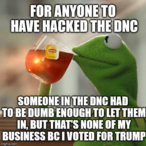 But That's None Of My Business | FOR ANYONE TO HAVE HACKED THE DNC; SOMEONE IN THE DNC HAD TO BE DUMB ENOUGH TO LET THEM IN, BUT THAT'S NONE OF MY BUSINESS BC I VOTED FOR TRUMP | image tagged in memes,but thats none of my business,kermit the frog | made w/ Imgflip meme maker
