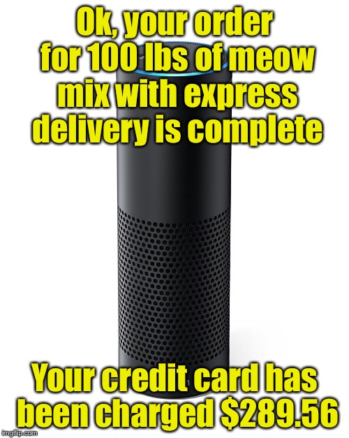 Ok, your order for 100 lbs of meow mix with express delivery is complete Your credit card has been charged $289.56 | made w/ Imgflip meme maker