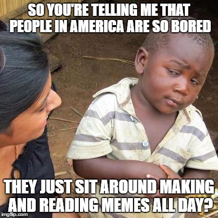 Third World Skeptical Kid | SO YOU'RE TELLING ME THAT PEOPLE IN AMERICA ARE SO BORED; THEY JUST SIT AROUND MAKING AND READING MEMES ALL DAY? | image tagged in memes,third world skeptical kid | made w/ Imgflip meme maker