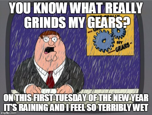 YOU KNOW WHAT REALLY GRINDS MY GEARS? ON THIS FIRST TUESDAY OF THE NEW YEAR IT'S RAINING AND I FEEL SO TERRIBLY WET | image tagged in memes,peter griffin news,rain | made w/ Imgflip meme maker