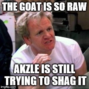 gordon ramsey | THE GOAT IS SO RAW; AKZLE IS STILL TRYING TO SHAG IT | image tagged in gordon ramsey | made w/ Imgflip meme maker