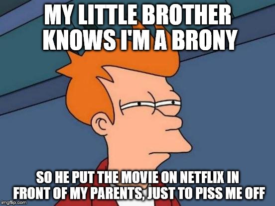 One of the reasons I can hate my brother | MY LITTLE BROTHER KNOWS I'M A BRONY; SO HE PUT THE MOVIE ON NETFLIX IN FRONT OF MY PARENTS, JUST TO PISS ME OFF | image tagged in memes,futurama fry | made w/ Imgflip meme maker