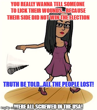 Debate over! | YOU REALLY WANNA TELL SOMEONE TO LICK THEIR WOUNDS... BECAUSE THEIR SIDE DID NOT WIN THE ELECTION; TRUTH BE TOLD...ALL THE PEOPLE LOST! WERE ALL SCREWED IN THE USA! | image tagged in screwed,political meme,not funny,memes,politics | made w/ Imgflip meme maker