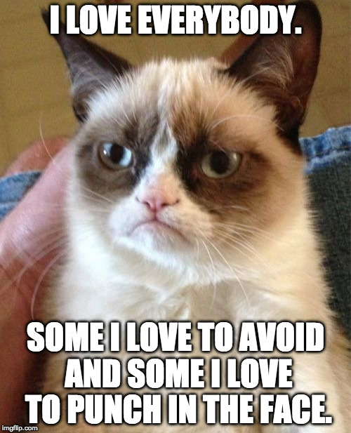 Need somebody to love. | I LOVE EVERYBODY. SOME I LOVE TO AVOID AND SOME I LOVE TO PUNCH IN THE FACE. | image tagged in memes,grumpy cat,love,bacon,iwanttobebacon | made w/ Imgflip meme maker