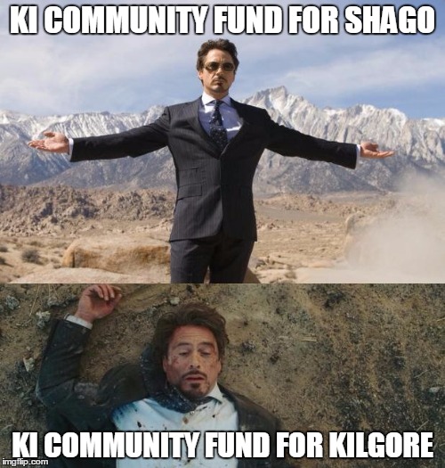 Before After Tony Stark | KI COMMUNITY FUND FOR SHAGO; KI COMMUNITY FUND FOR KILGORE | image tagged in before after tony stark | made w/ Imgflip meme maker