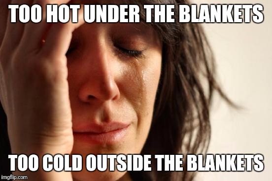 Even radiator leg ineffective | TOO HOT UNDER THE BLANKETS; TOO COLD OUTSIDE THE BLANKETS | image tagged in memes,first world problems | made w/ Imgflip meme maker
