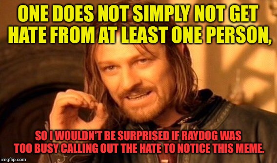 One Does Not Simply Meme | ONE DOES NOT SIMPLY NOT GET HATE FROM AT LEAST ONE PERSON, SO I WOULDN'T BE SURPRISED IF RAYDOG WAS TOO BUSY CALLING OUT THE HATE TO NOTICE  | image tagged in memes,one does not simply | made w/ Imgflip meme maker