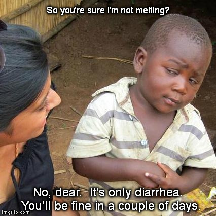 Whew!  I was starting to get worried. | So you're sure i'm not melting? No, dear.  It's only diarrhea.  You'll be fine in a couple of days. | image tagged in memes,third world skeptical kid | made w/ Imgflip meme maker