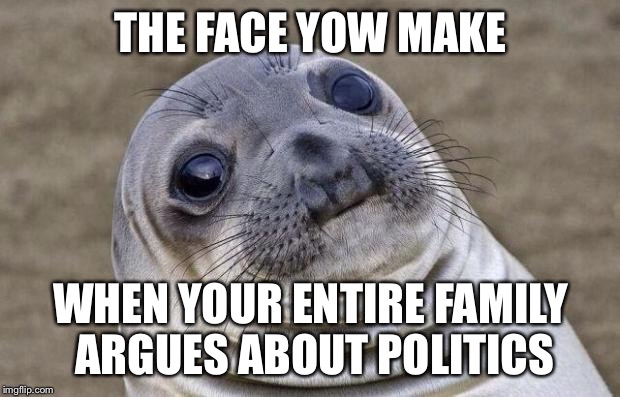 Awkward Moment Sealion Meme | THE FACE YOW MAKE; WHEN YOUR ENTIRE FAMILY ARGUES ABOUT POLITICS | image tagged in memes,awkward moment sealion | made w/ Imgflip meme maker
