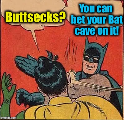 Batman Slapping Robin | Buttsecks? You can bet your Bat cave on it! | image tagged in memes,batman slapping robin,evilmandoevil,buttholocaust,funny | made w/ Imgflip meme maker
