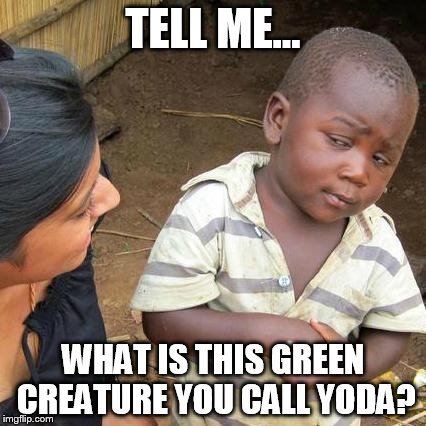 Third World Skeptical Kid | TELL ME... WHAT IS THIS GREEN CREATURE YOU CALL YODA? | image tagged in memes,third world skeptical kid | made w/ Imgflip meme maker