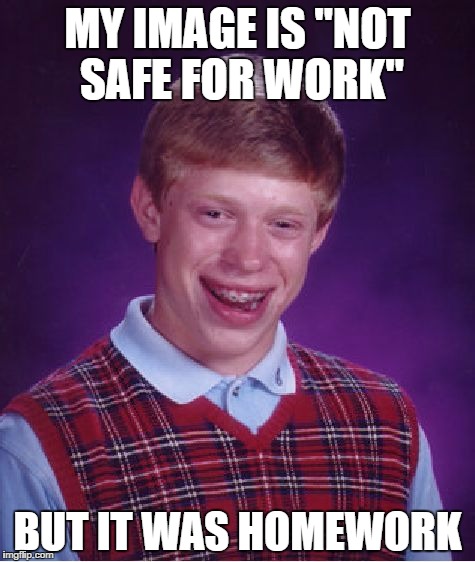 Bad Luck Brian | MY IMAGE IS "NOT SAFE FOR WORK"; BUT IT WAS HOMEWORK | image tagged in memes,bad luck brian | made w/ Imgflip meme maker