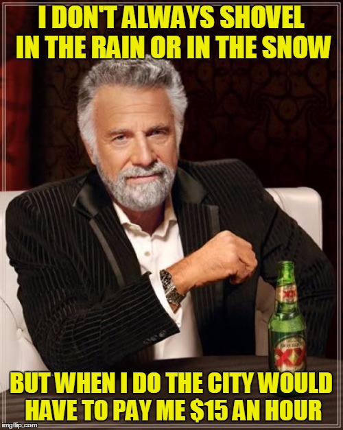 The Most Interesting Man In The World Meme | I DON'T ALWAYS SHOVEL IN THE RAIN OR IN THE SNOW BUT WHEN I DO THE CITY WOULD HAVE TO PAY ME $15 AN HOUR | image tagged in memes,the most interesting man in the world | made w/ Imgflip meme maker