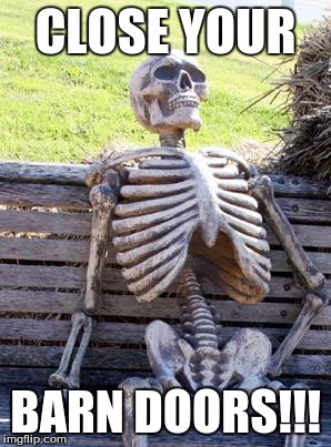 Waiting Skeleton | CLOSE YOUR; BARN DOORS!!! | image tagged in memes,waiting skeleton | made w/ Imgflip meme maker