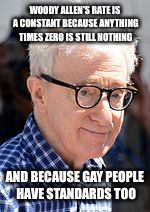 WOODY ALLEN'S RATE IS A CONSTANT BECAUSE ANYTHING TIMES ZERO IS STILL NOTHING AND BECAUSE GAY PEOPLE HAVE STANDARDS TOO | made w/ Imgflip meme maker