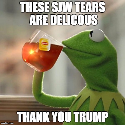 But That's None Of My Business | THESE SJW TEARS ARE DELICOUS; THANK YOU TRUMP | image tagged in memes,but thats none of my business,kermit the frog | made w/ Imgflip meme maker