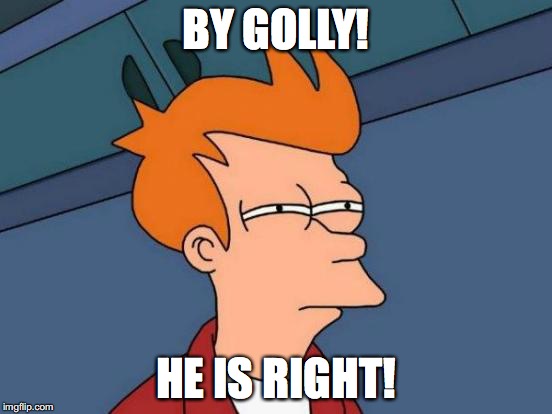 Futurama Fry Meme | BY GOLLY! HE IS RIGHT! | image tagged in memes,futurama fry | made w/ Imgflip meme maker