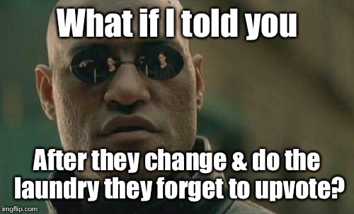 Matrix Morpheus Meme | What if I told you After they change & do the laundry they forget to upvote? | image tagged in memes,matrix morpheus | made w/ Imgflip meme maker