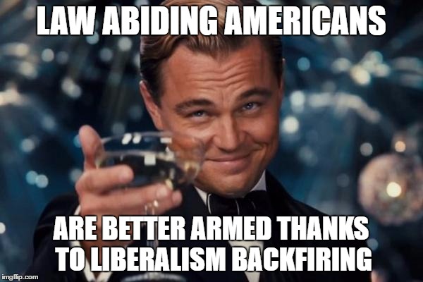 Leonardo Dicaprio Cheers Meme | LAW ABIDING AMERICANS ARE BETTER ARMED THANKS TO LIBERALISM BACKFIRING | image tagged in memes,leonardo dicaprio cheers | made w/ Imgflip meme maker