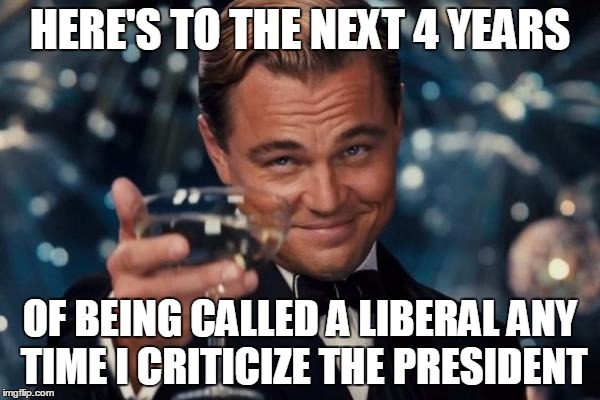 Leonardo Dicaprio Cheers | HERE'S TO THE NEXT 4 YEARS; OF BEING CALLED A LIBERAL ANY TIME I CRITICIZE THE PRESIDENT | image tagged in memes,leonardo dicaprio cheers,funny memes | made w/ Imgflip meme maker