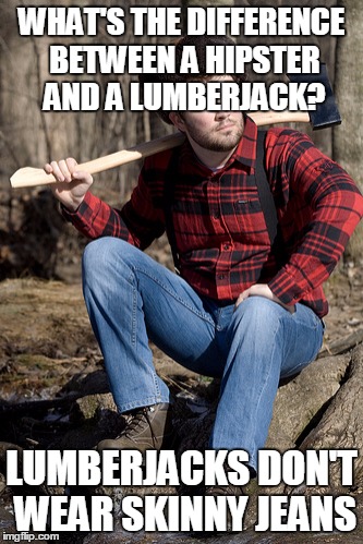 A beard and plaid doesn't make you rough and ready | WHAT'S THE DIFFERENCE BETWEEN A HIPSTER AND A LUMBERJACK? LUMBERJACKS DON'T WEAR SKINNY JEANS | image tagged in memes,solemn lumberjack | made w/ Imgflip meme maker