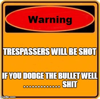 well shit | TRESPASSERS WILL BE SHOT; IF YOU DODGE THE BULLET WELL . . . . . . . . . . . . .  SHIT | image tagged in memes,warning sign | made w/ Imgflip meme maker