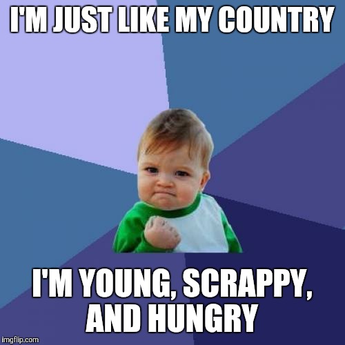 Success Kid Meme | I'M JUST LIKE MY COUNTRY; I'M YOUNG, SCRAPPY, AND HUNGRY | image tagged in memes,success kid | made w/ Imgflip meme maker