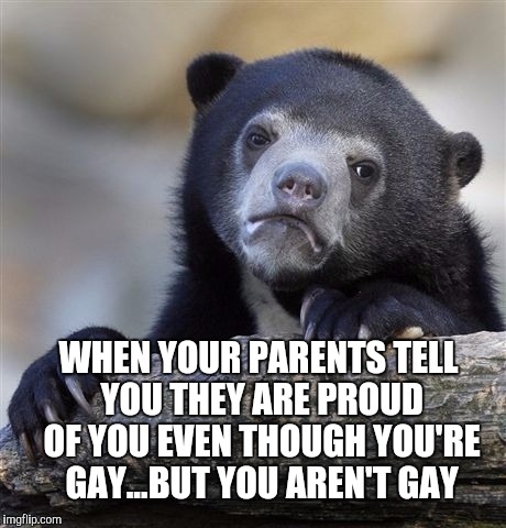 Confession Bear | WHEN YOUR PARENTS TELL YOU THEY ARE PROUD OF YOU EVEN THOUGH YOU'RE GAY...BUT YOU AREN'T GAY | image tagged in memes,confession bear | made w/ Imgflip meme maker