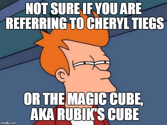 Futurama Fry Meme | NOT SURE IF YOU ARE REFERRING TO CHERYL TIEGS OR THE MAGIC CUBE, AKA RUBIK'S CUBE | image tagged in memes,futurama fry | made w/ Imgflip meme maker