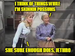 I THINK OF THINGS WHILE I'M SKINNIN POSSUMS                                      /                       SHE SURE ENOUGH DOES, JETHRO | made w/ Imgflip meme maker