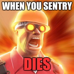 TF2 Engineer | WHEN YOU SENTRY; DIES | image tagged in tf2 engineer,sentry down | made w/ Imgflip meme maker