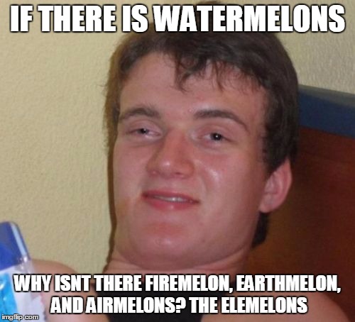 10 Guy Meme | IF THERE IS WATERMELONS; WHY ISNT THERE FIREMELON, EARTHMELON, AND AIRMELONS? THE ELEMELONS | image tagged in memes,10 guy | made w/ Imgflip meme maker