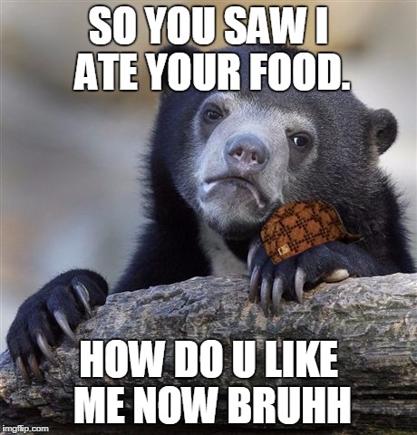 Confession Bear | SO YOU SAW I ATE YOUR FOOD. HOW DO U LIKE ME NOW BRUHH | image tagged in memes,confession bear,scumbag | made w/ Imgflip meme maker