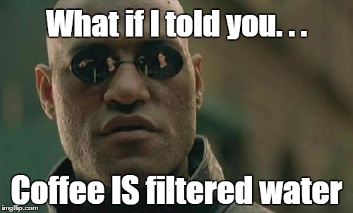 Matrix Morpheus | What if I told you. . . Coffee IS filtered water | image tagged in memes,matrix morpheus | made w/ Imgflip meme maker