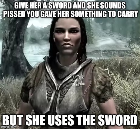 Lydia the skyrim retard | GIVE HER A SWORD AND SHE SOUNDS PISSED YOU GAVE HER SOMETHING TO CARRY; BUT SHE USES THE SWORD | image tagged in lydia the skyrim retard | made w/ Imgflip meme maker