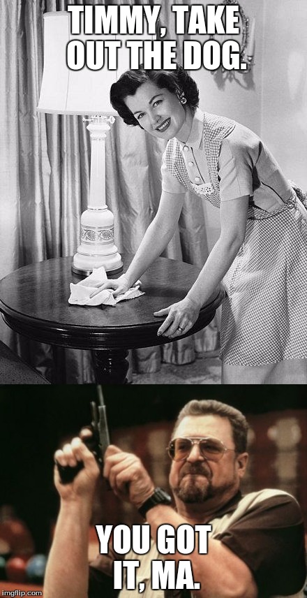 TIMMY, TAKE OUT THE DOG. YOU GOT IT, MA. | image tagged in timmy,misunderstanding,funny,lady,weird guy with guns | made w/ Imgflip meme maker